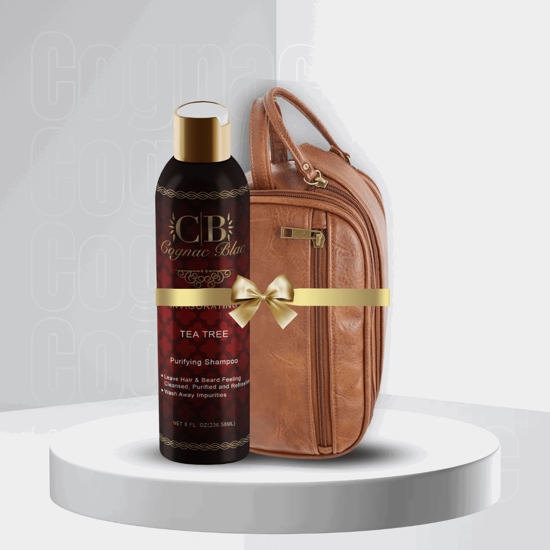 Anti-itching and Moisturizing Shampoo + Large Men’s Leather Toiletry Bag Cognac Blac