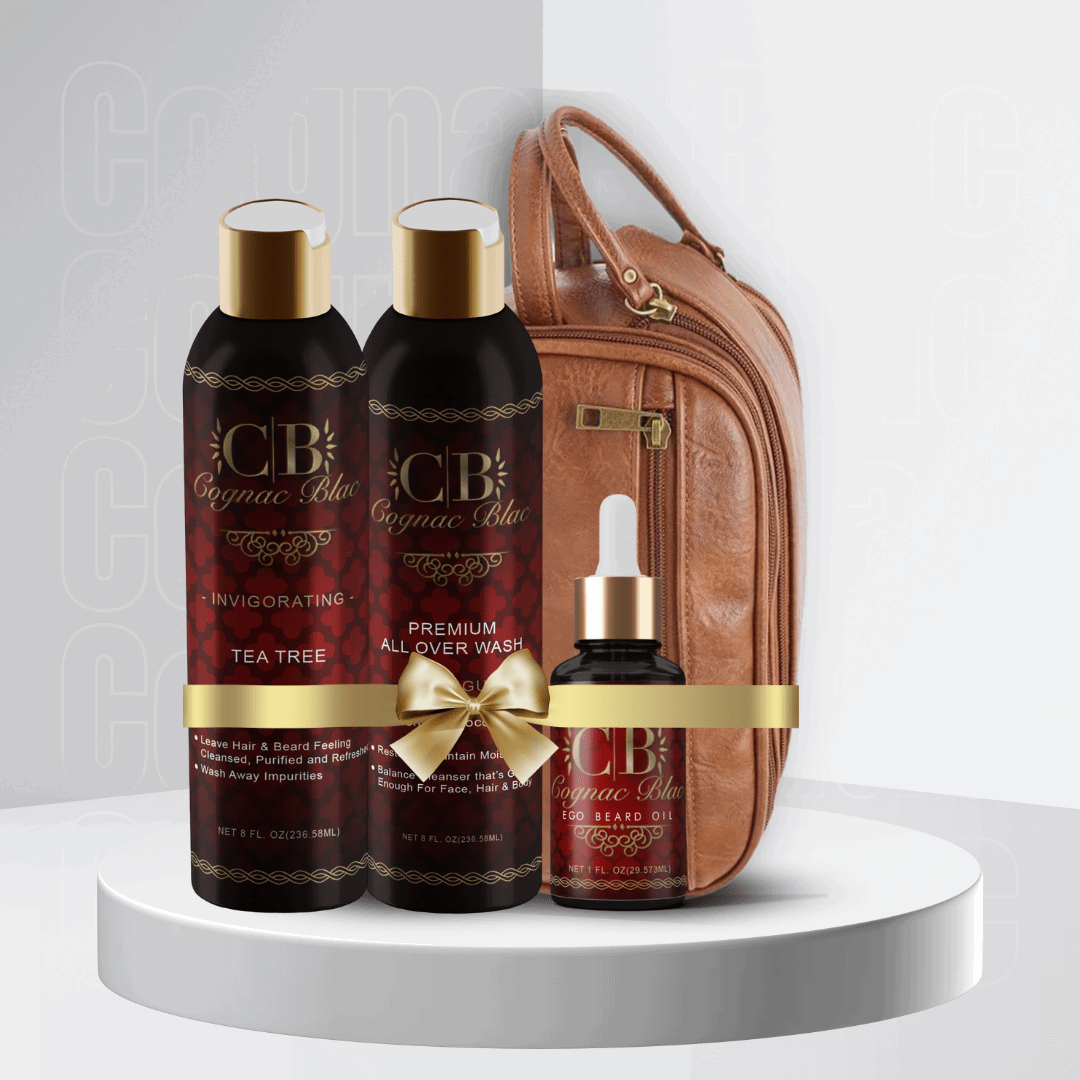 Argan Ego Beard Oil + Anti-itching and Moisturizing Shampoo + Mystique All-Over Honey Coconut Body Wash + Large Men’s Leather Toiletry Bag Cognac Blac